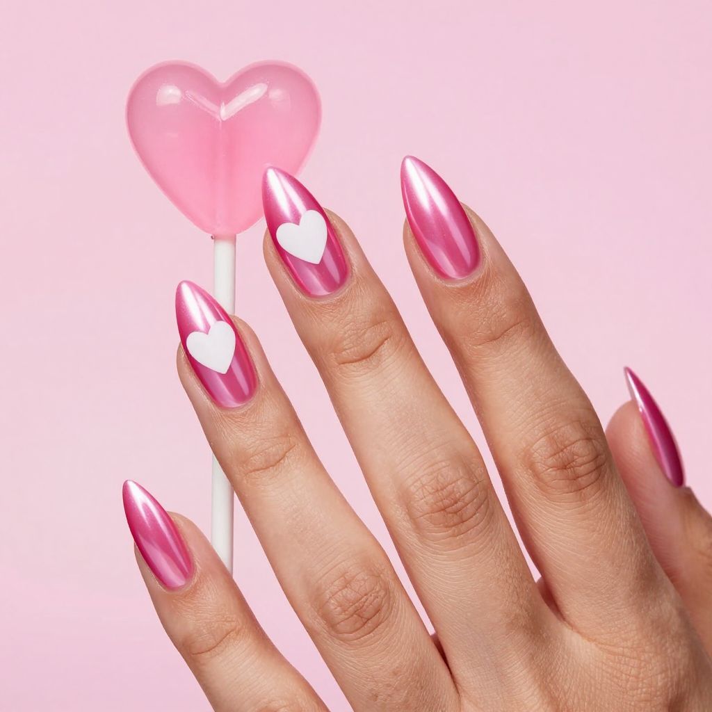 Hot pink chrome stiletto nails with white hearts