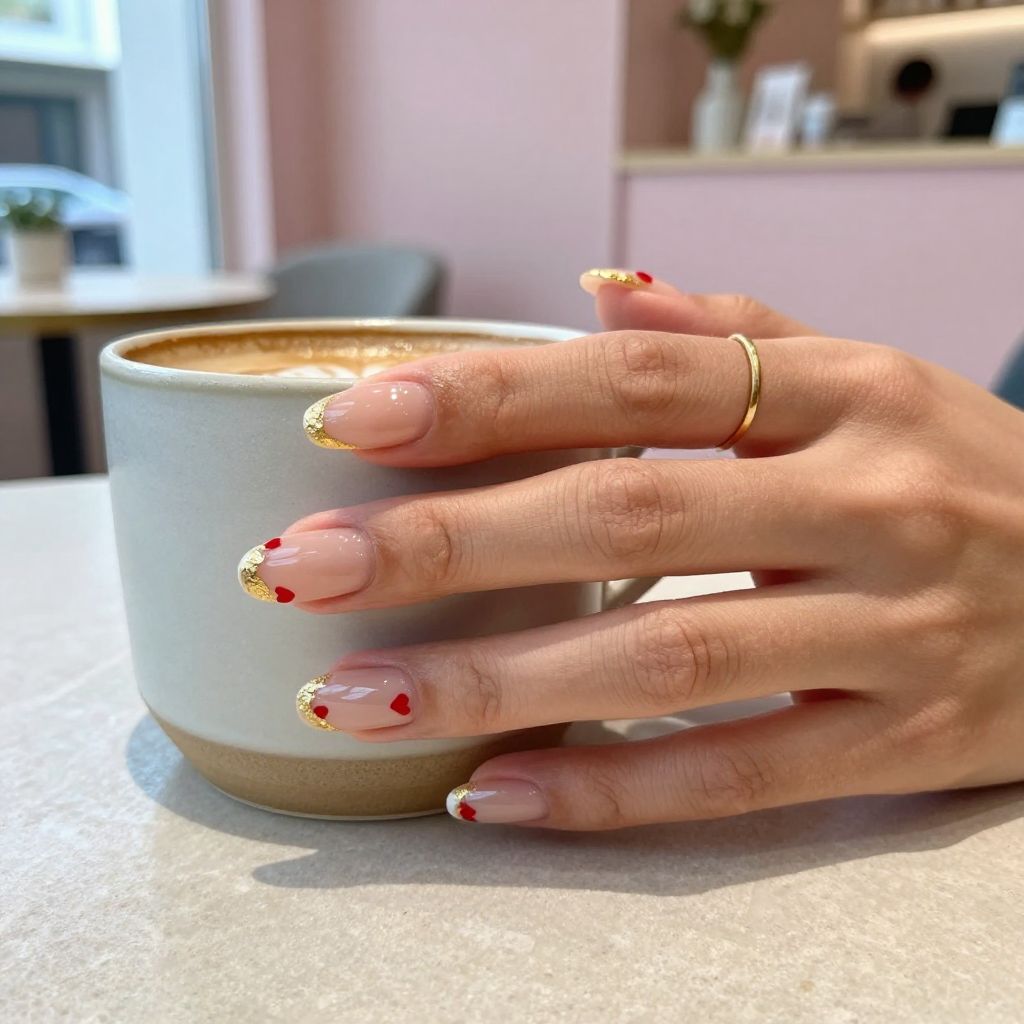 Peachy gloss almond nails with micro hearts