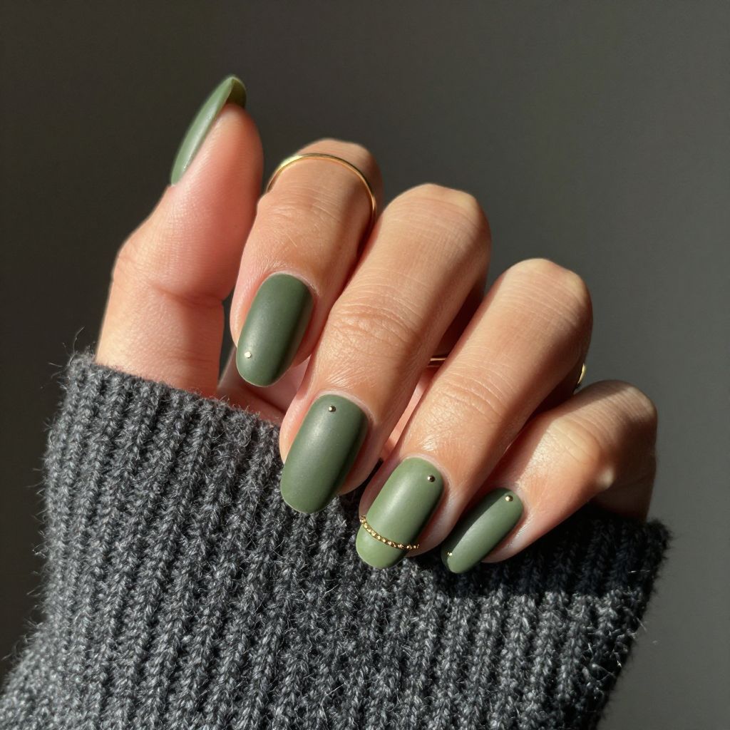 Matte olive almond nails with gold chain