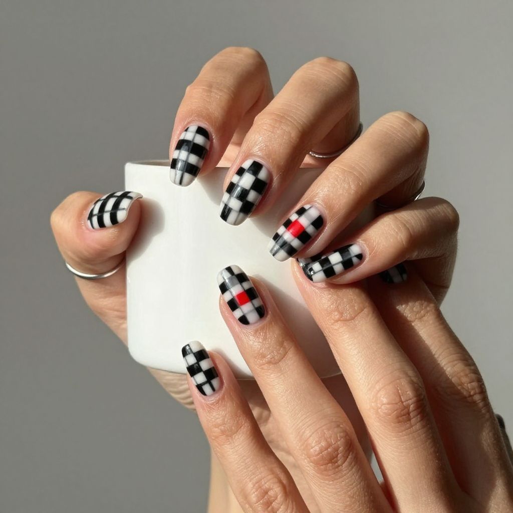 Monochrome checker almond nails