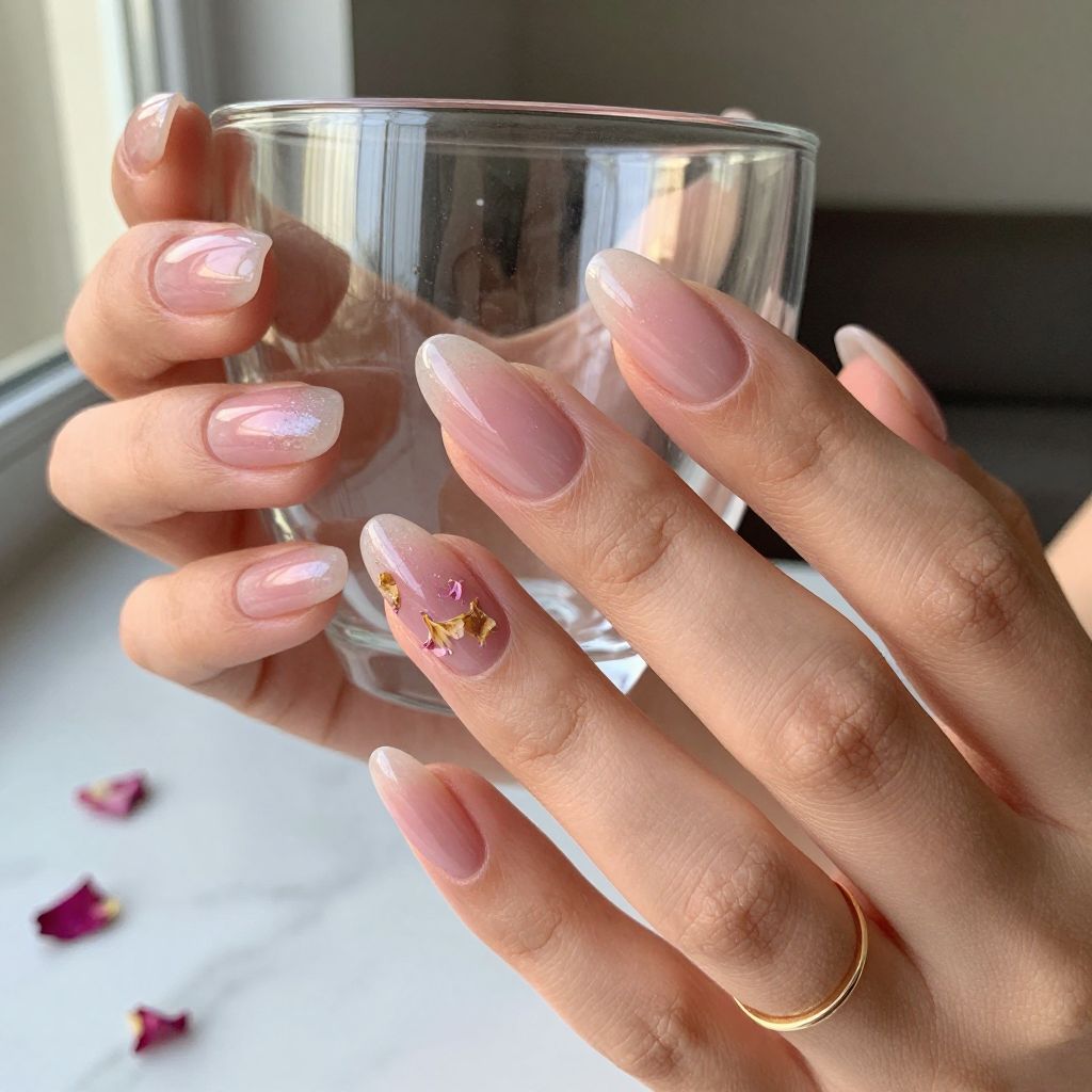 Sheer pink milk bath almond nails with florals