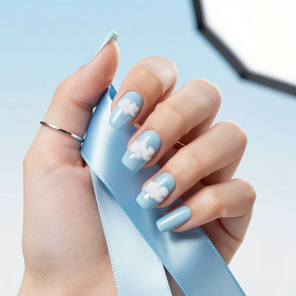 Cloudy sky almond nails