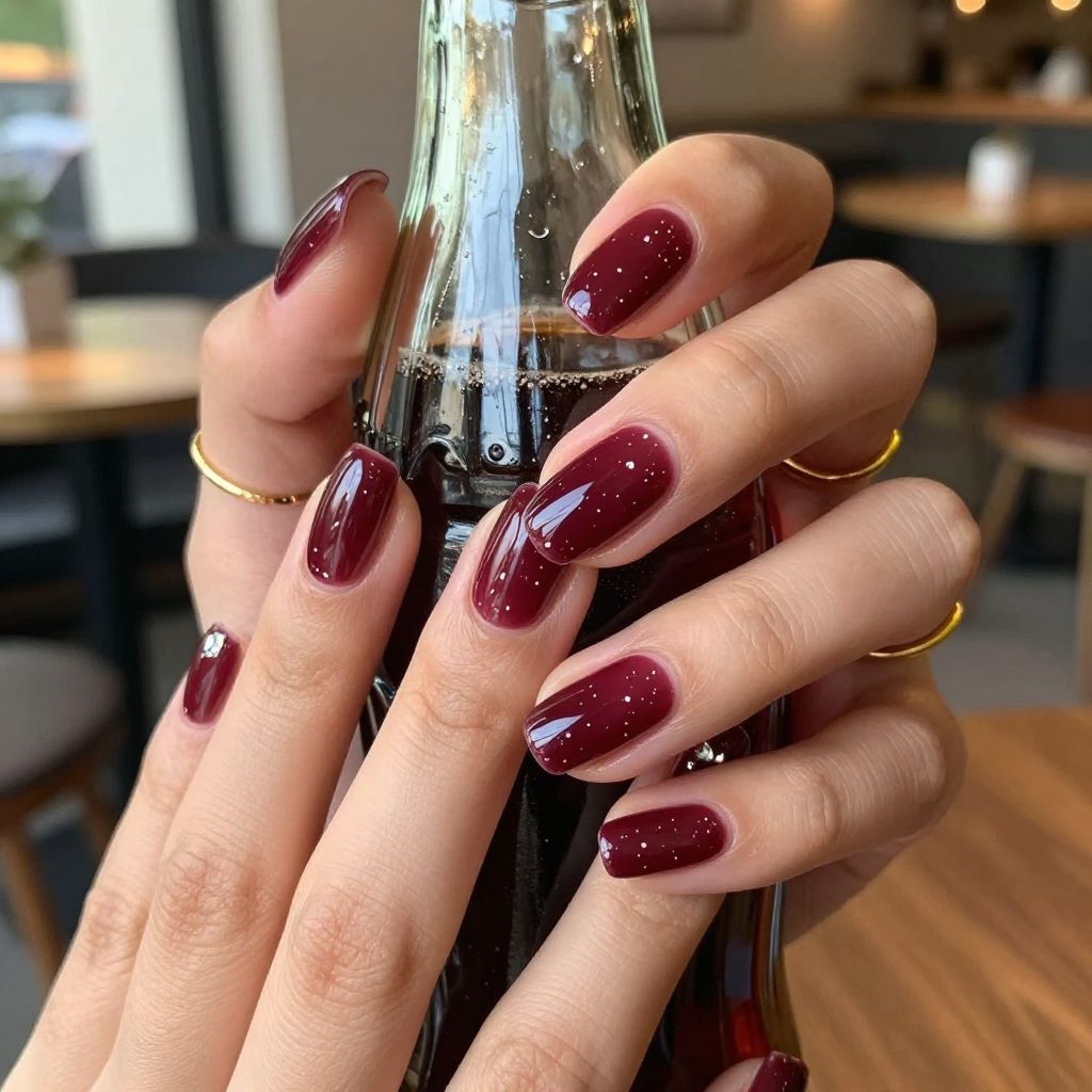 Cherry cola dotted almond nails