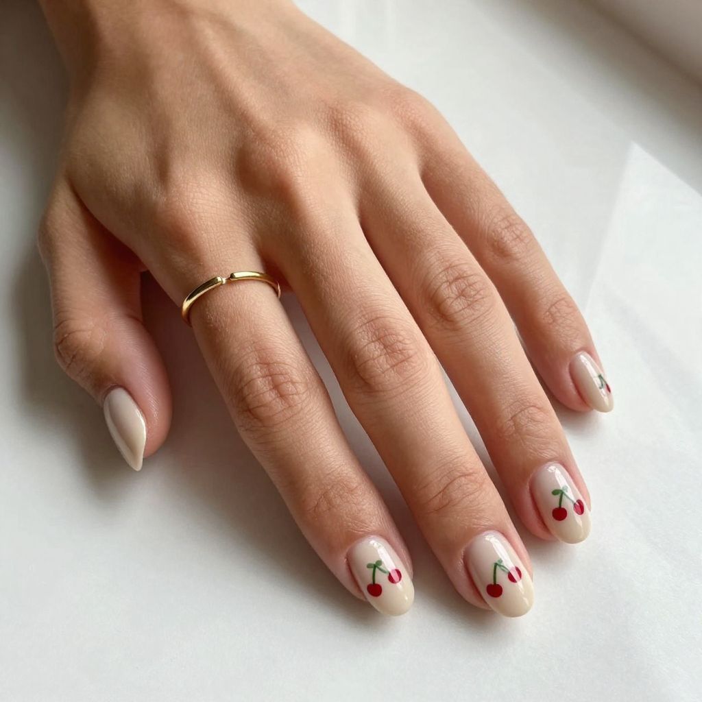 Nude Nails With Tiny Cherry Art
