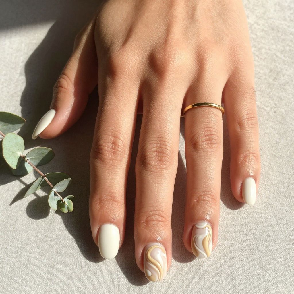 White Nails With Soft Beige Swirls