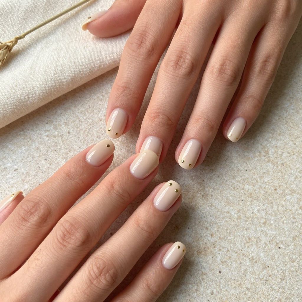 Nude Nails With Gold Dot Detail