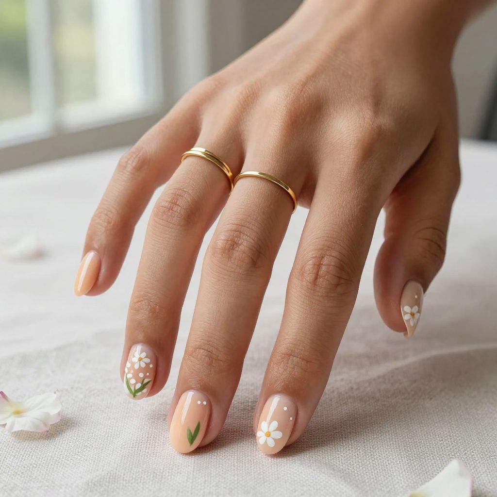 Peach Nails With Tiny White Flowers