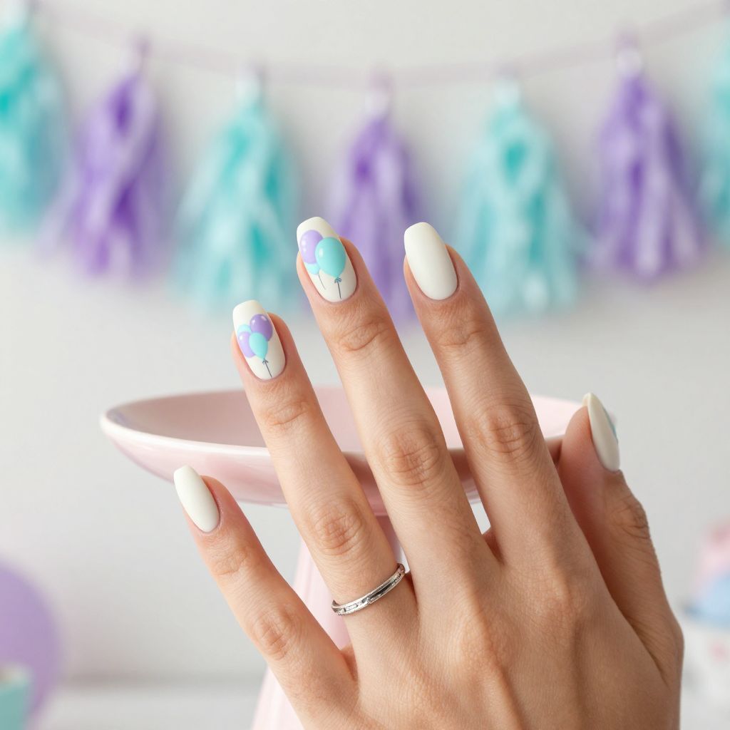 Pastel balloon birthday nail art