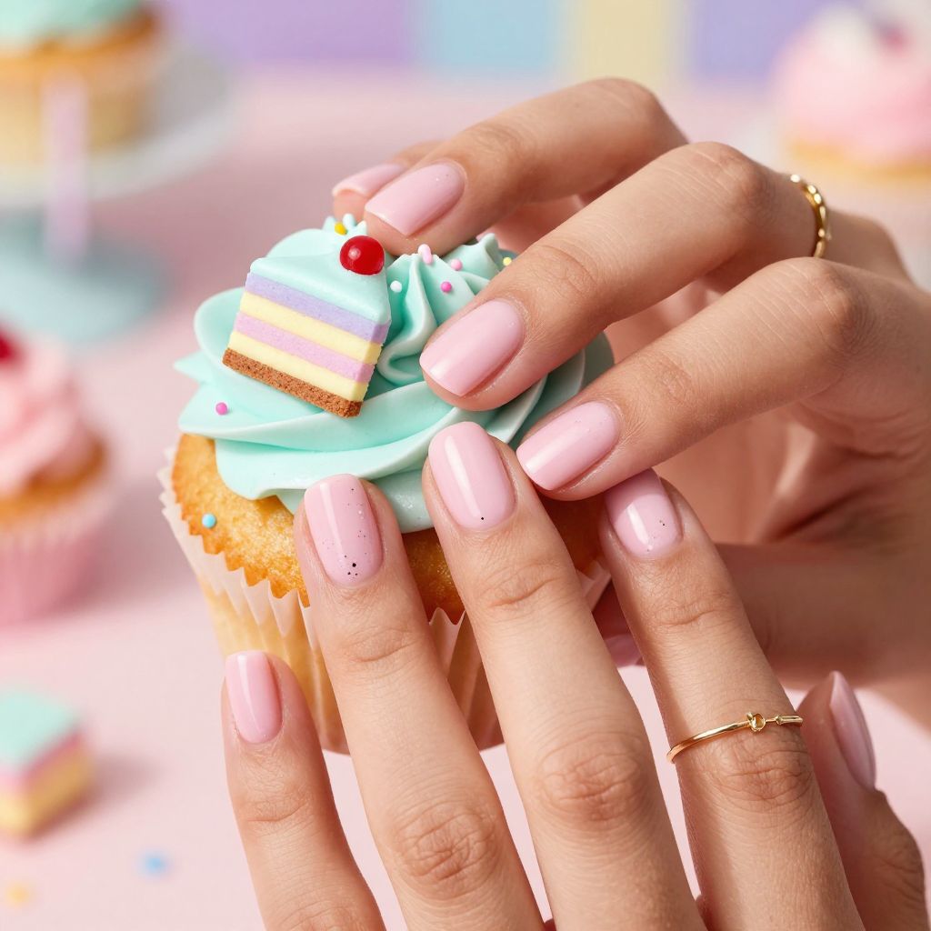 Pink cake slice birthday nail design