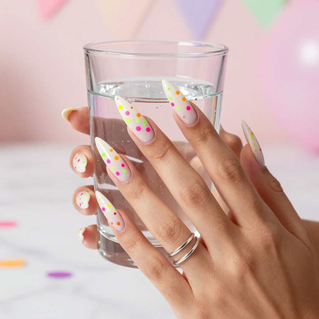 Neon confetti dot birthday nails