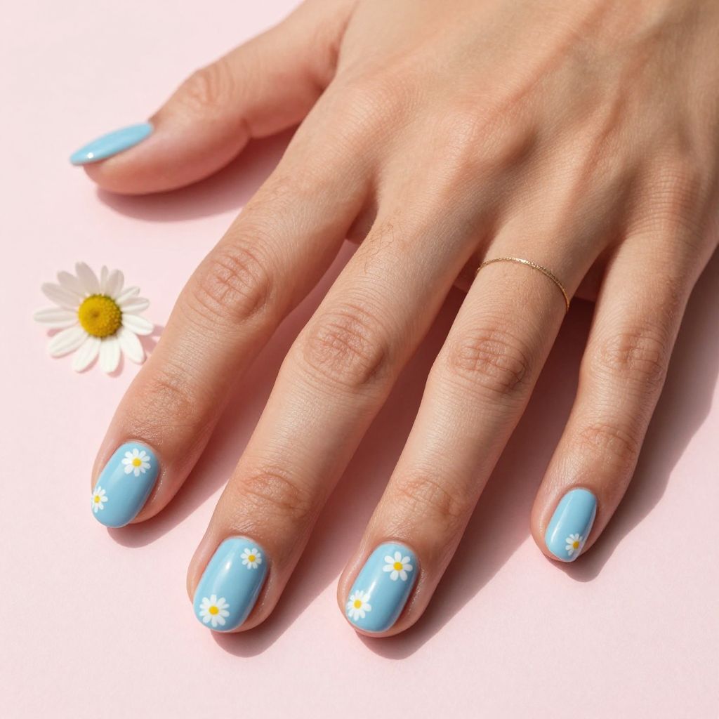 Pastel Blue Daisy Nails