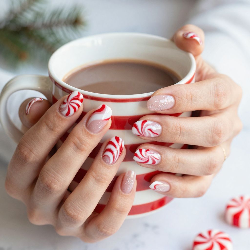 Peppermint swirl marble Christmas nails