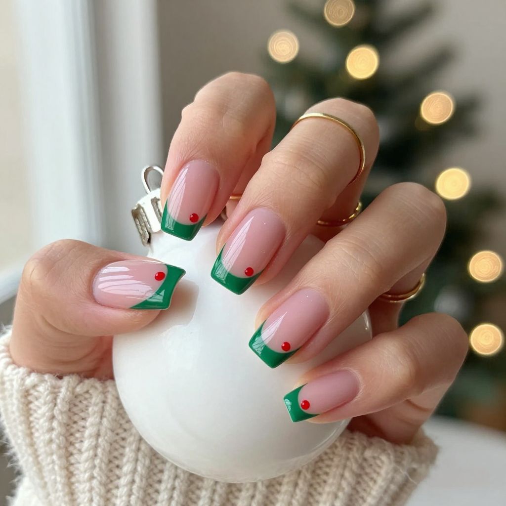 Holly berry French tip Christmas nails