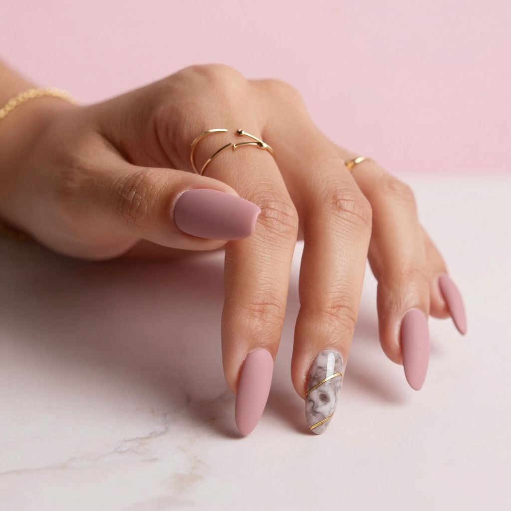 Dusty Rose Marble Accent Coffin Nails