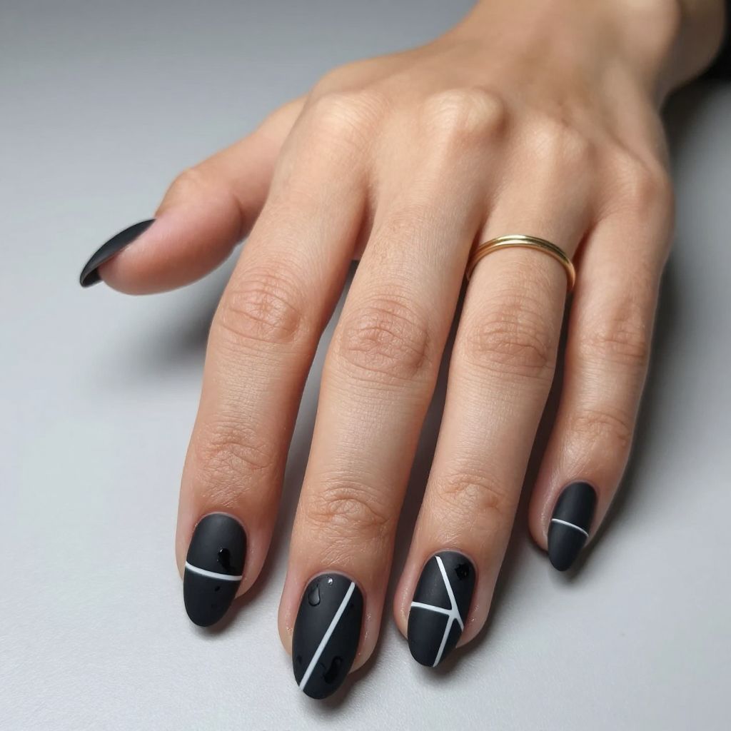 Matte Black Geometric Coffin Nails