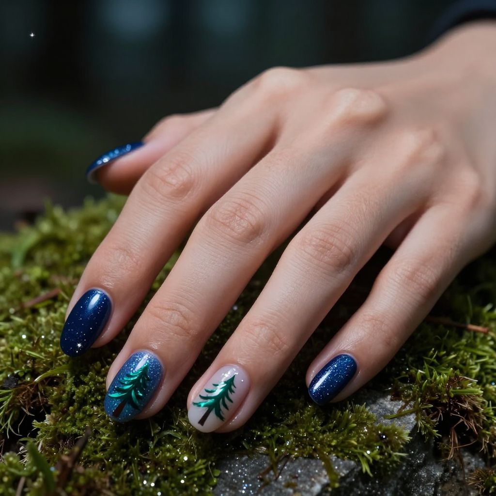 Midnight forest sparkle fall nails