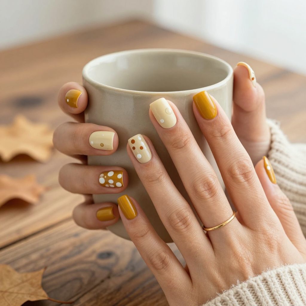 Mustard abstract dots fall nails