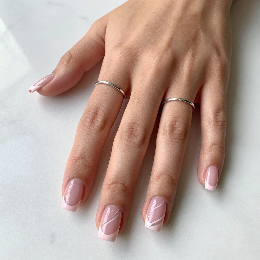 Cute February Nail Ideas - White Swirls and Pink Tips