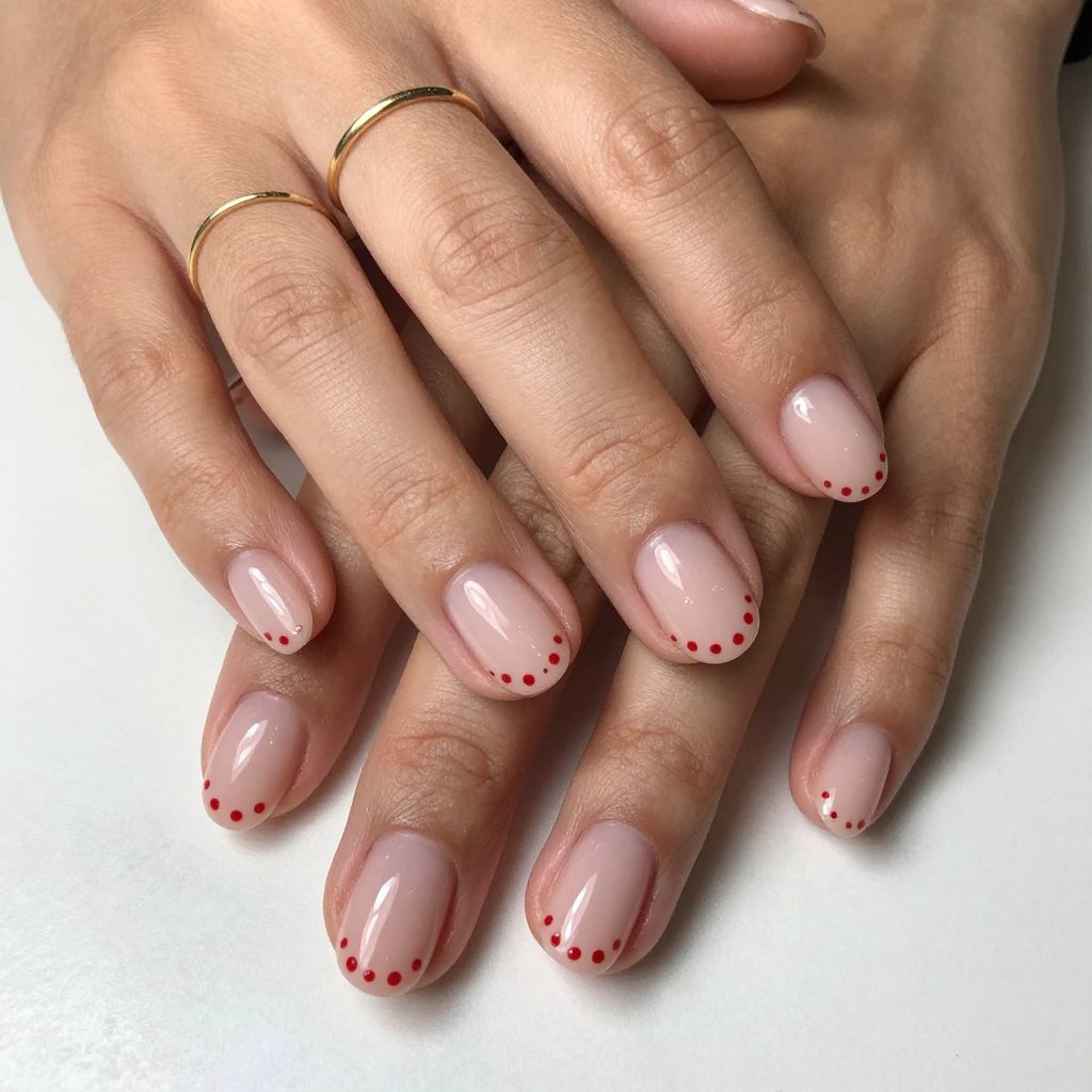 Cute February Nail Ideas - Glossy Nude with Tiny Red Dots