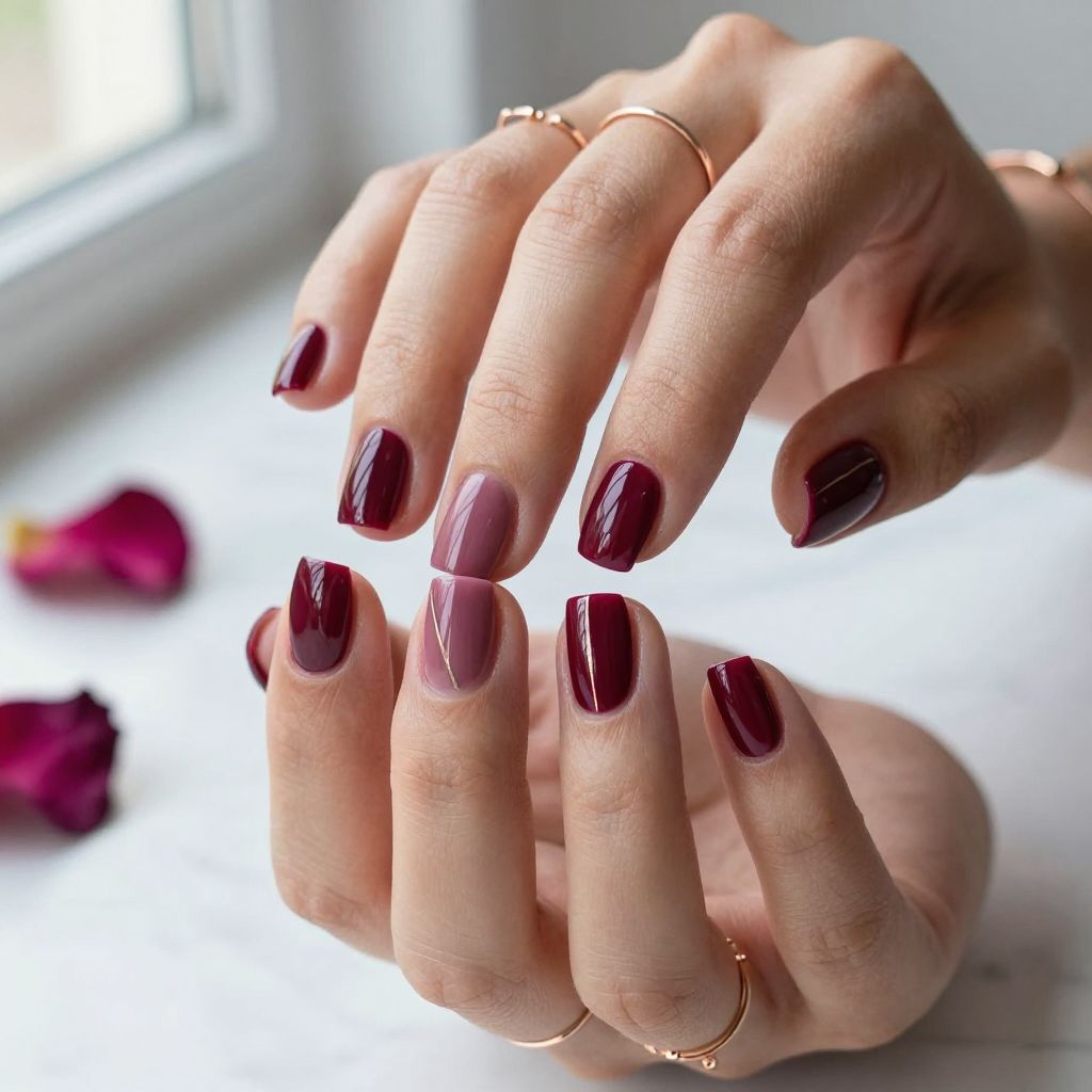 Cute February Nail Ideas - Deep Berry with Minimal Art