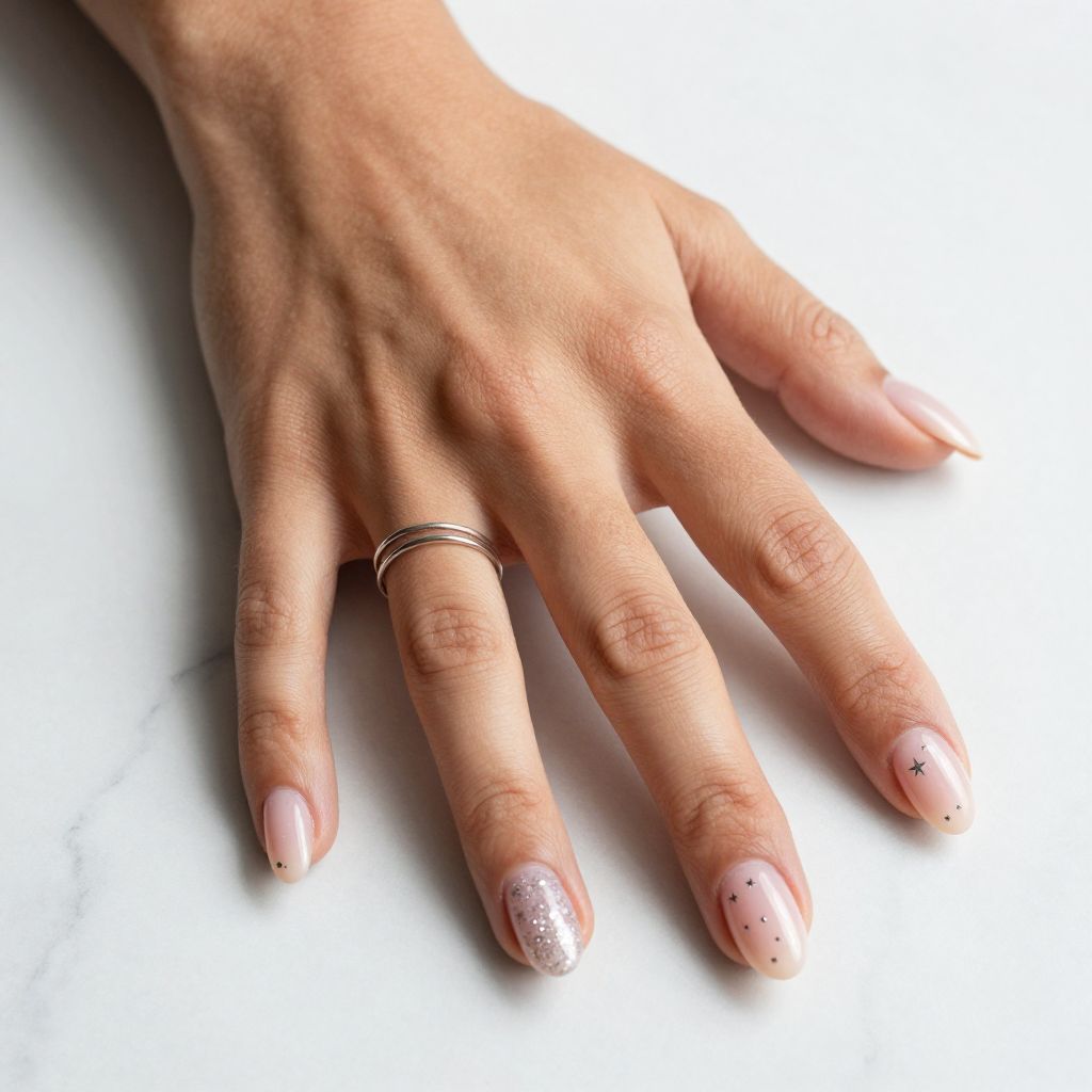 Cute February Nail Ideas - Pale Pink and Silver Stars