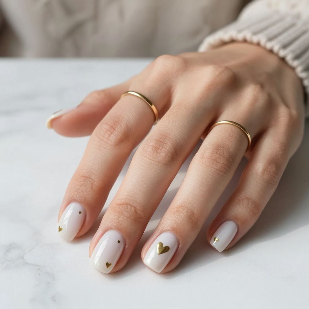 Cute February Nail Ideas - Milky White with Tiny Gold Hearts