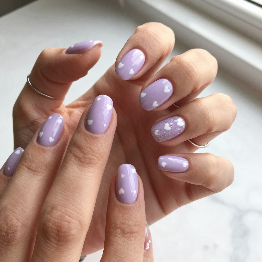 Cute February Nail Ideas - Soft Lavender Hearts