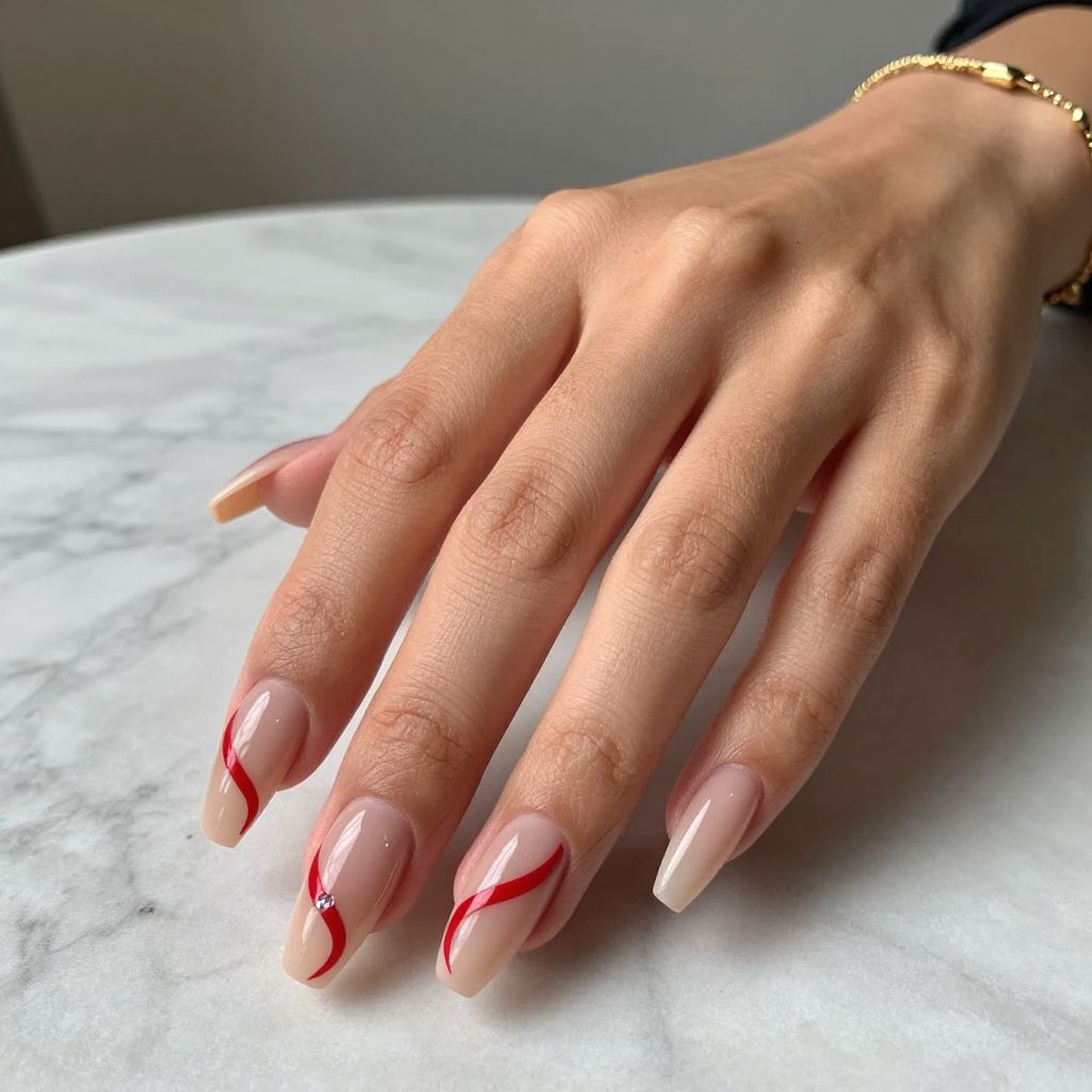 Cute February Nail Ideas - Nude Nails with Red Ribbon Art