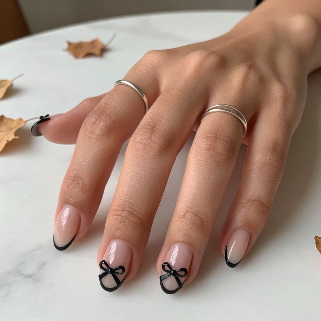 Black and Nude Bow Nails