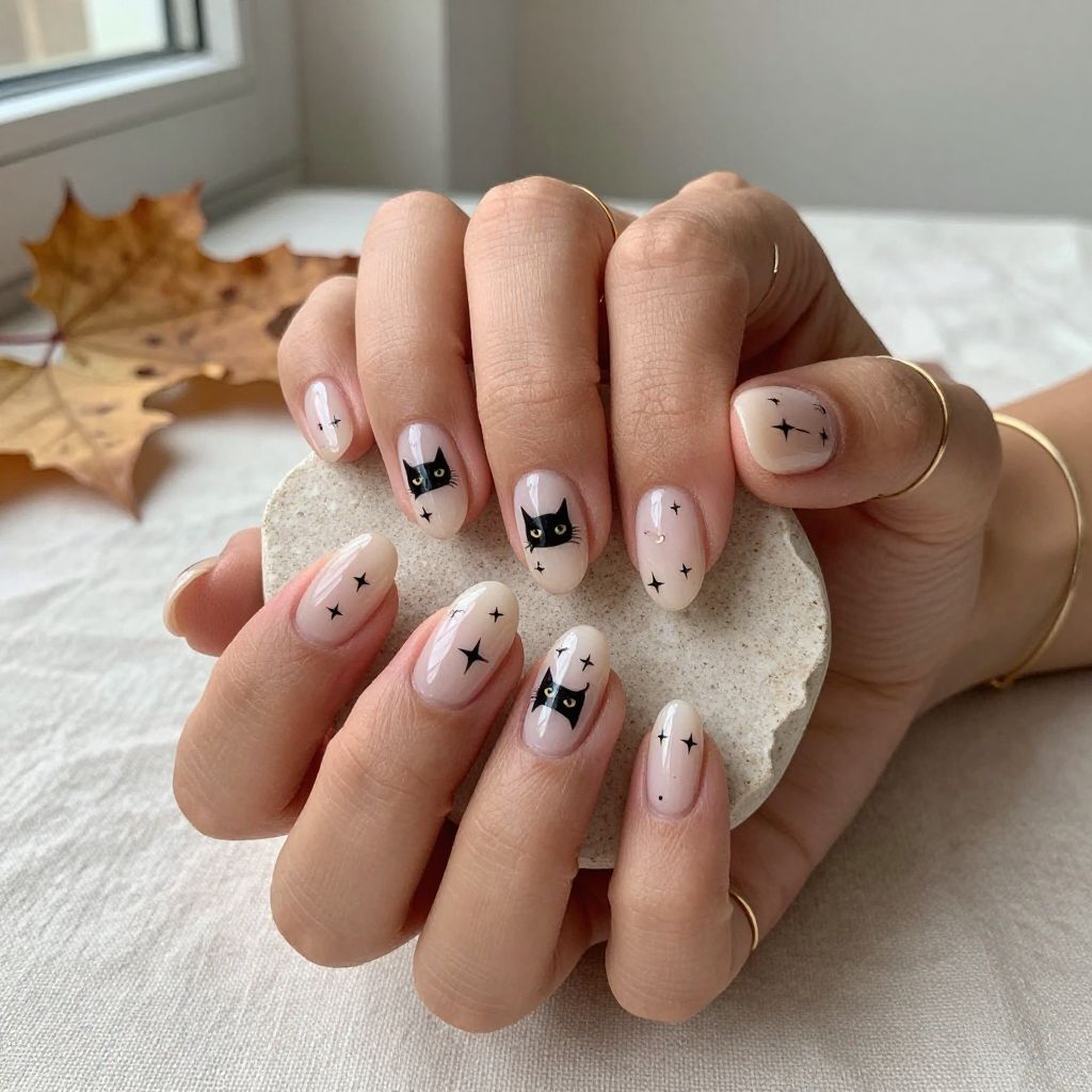 Black Cat Accent Nails
