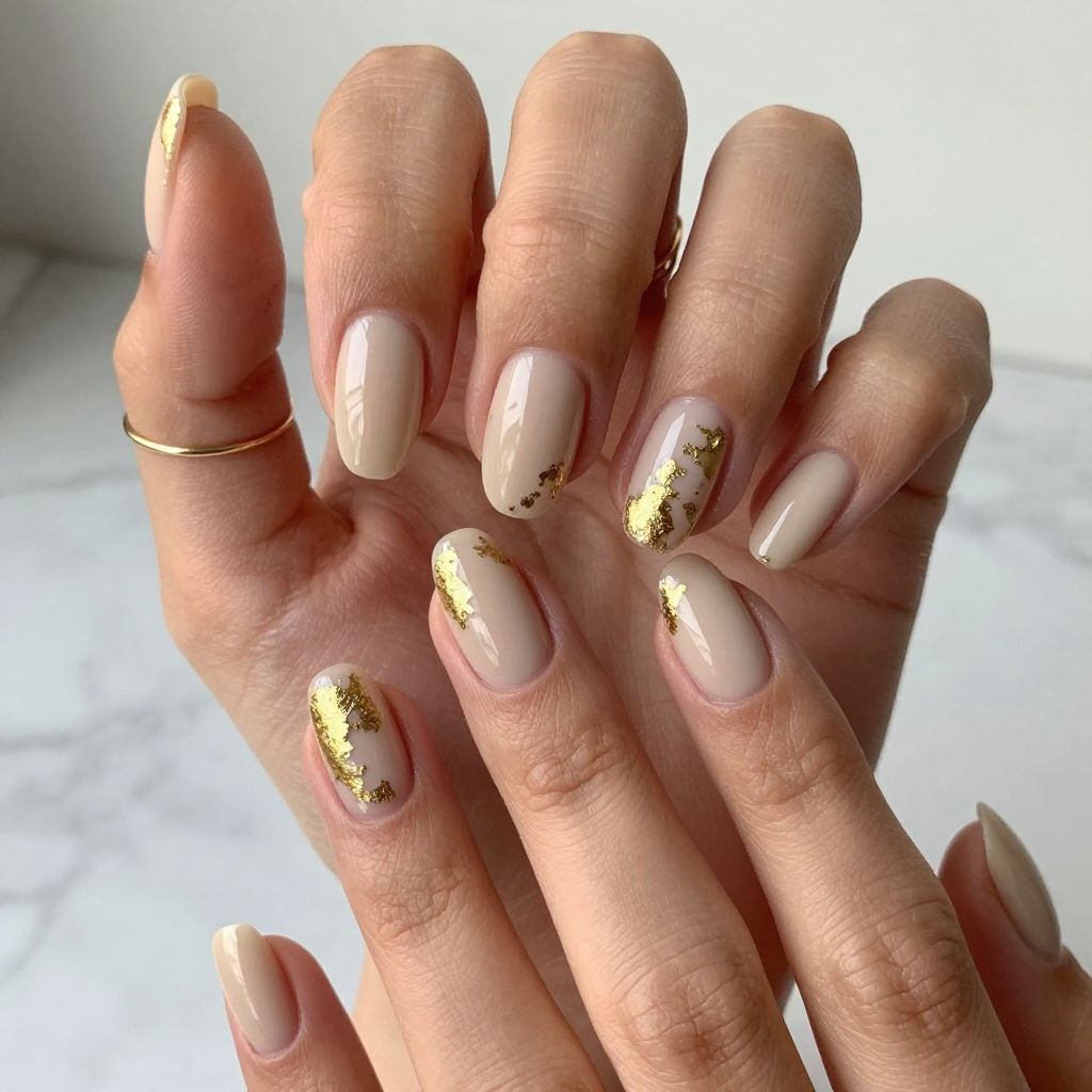 Nude Nails With Gold Foil