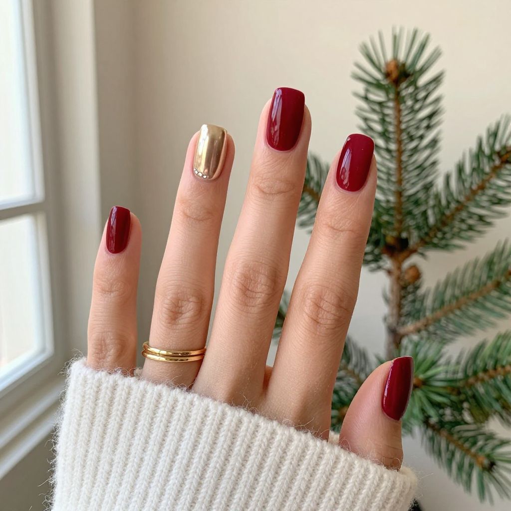 Red Velvet Matte with Gold Accent Nail