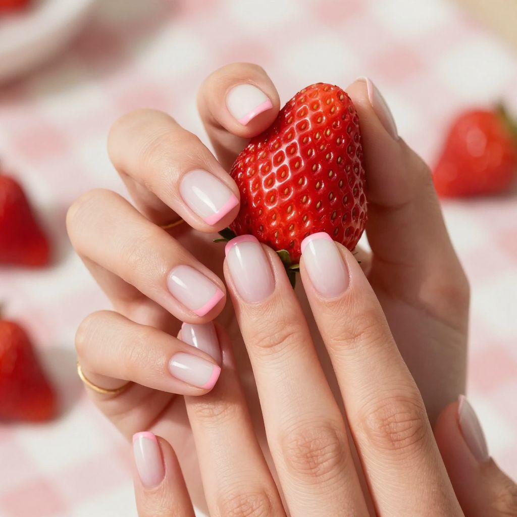 Milky strawberry tips short nails