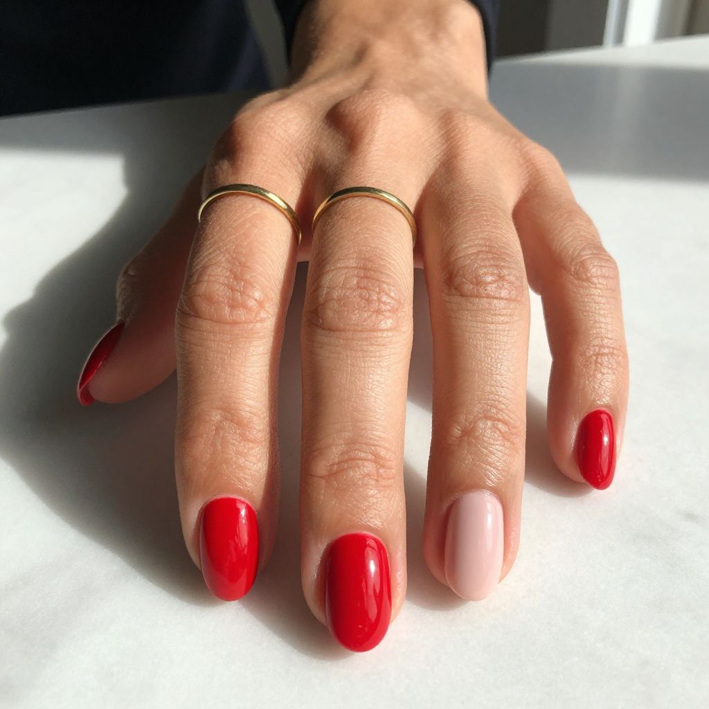 Red Gloss with Subtle Nude Accent Nail