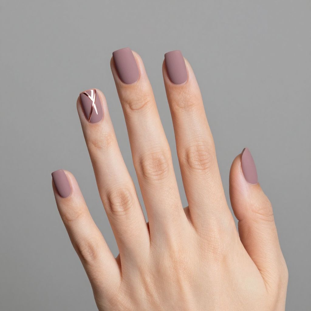 Short nails dusty mauve with metallic accent strip