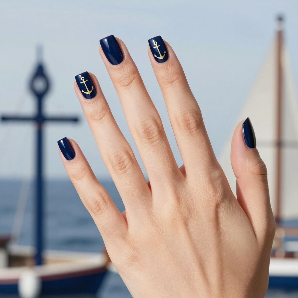Short nails navy blue with tiny gold anchors