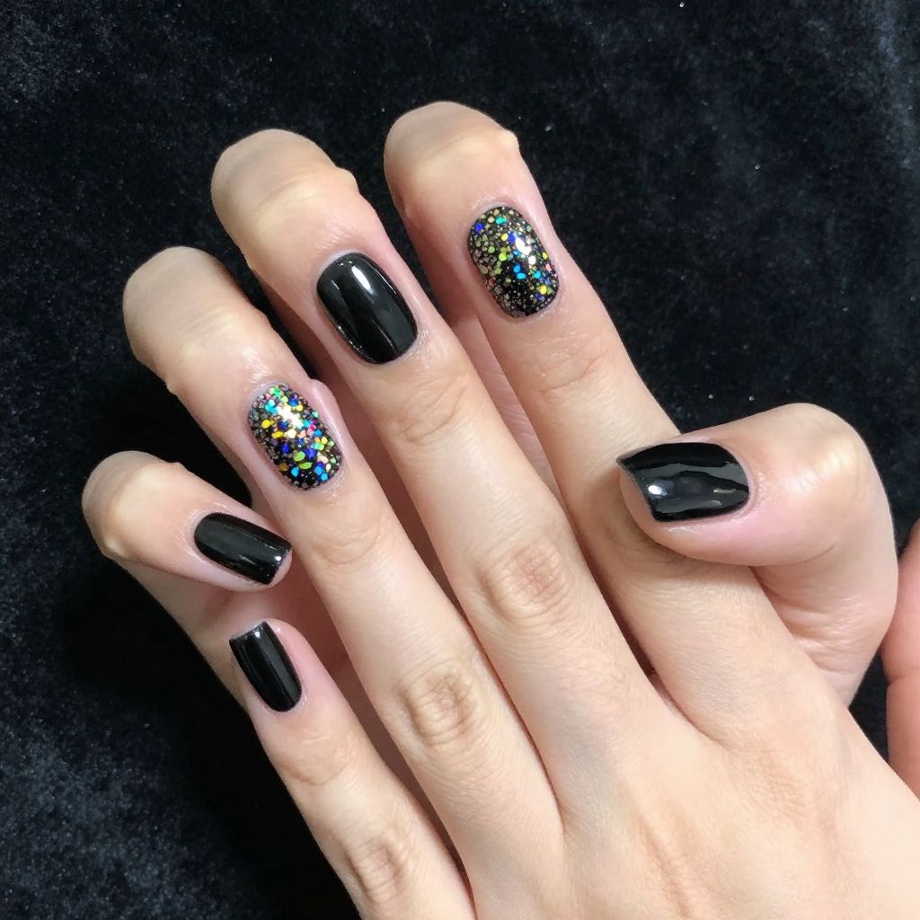 Short nails black with holographic confetti accent