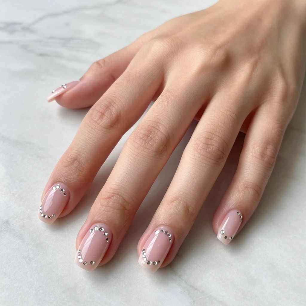 Short nails soft pink with micro rhinestone accents