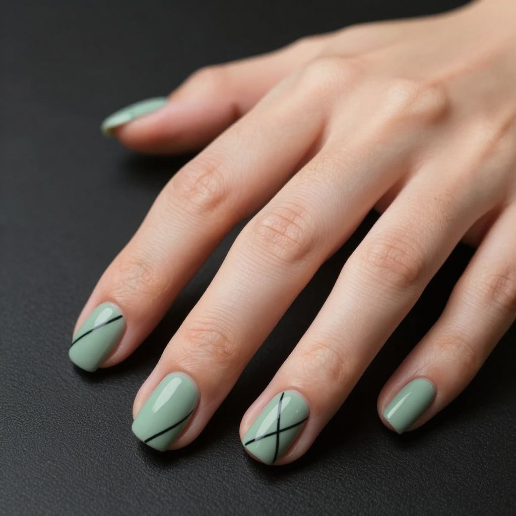 Short nails sage green with minimalist line work