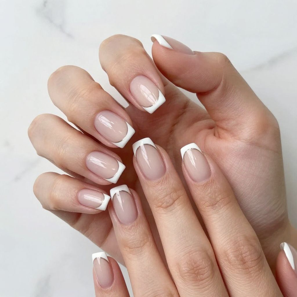 Short nails classic French manicure with modern twist