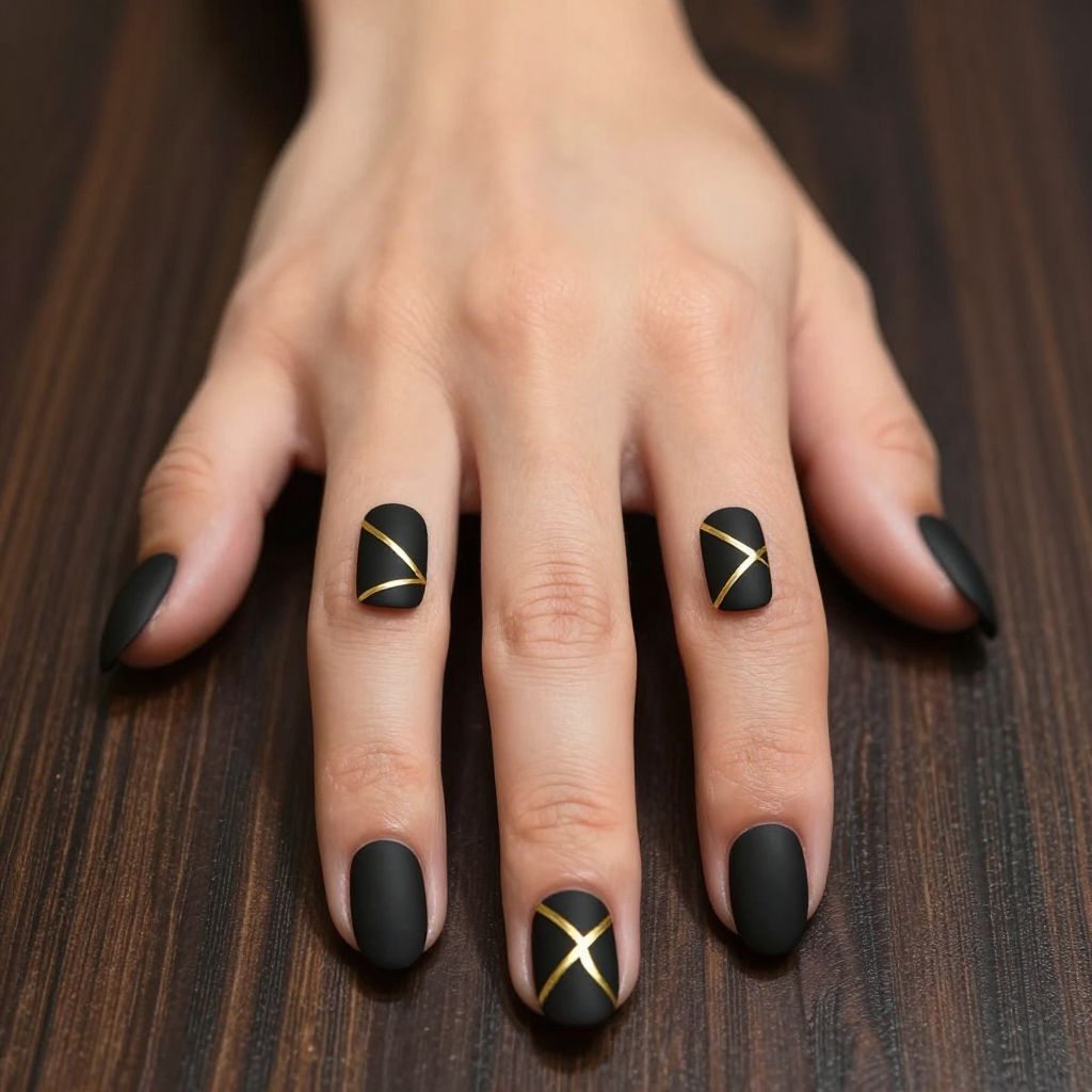 Short nails matte black with gold geometric lines