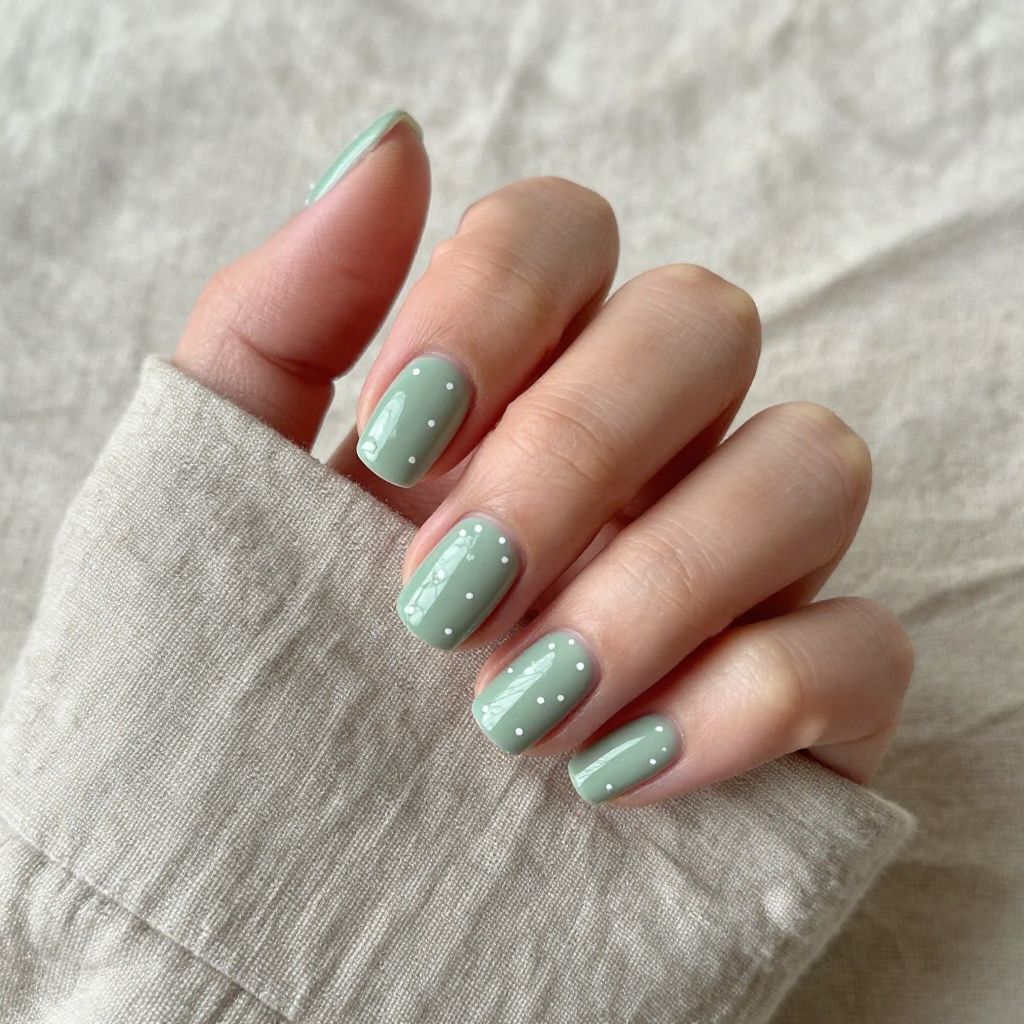 Short nails sage green with white minimalist dots