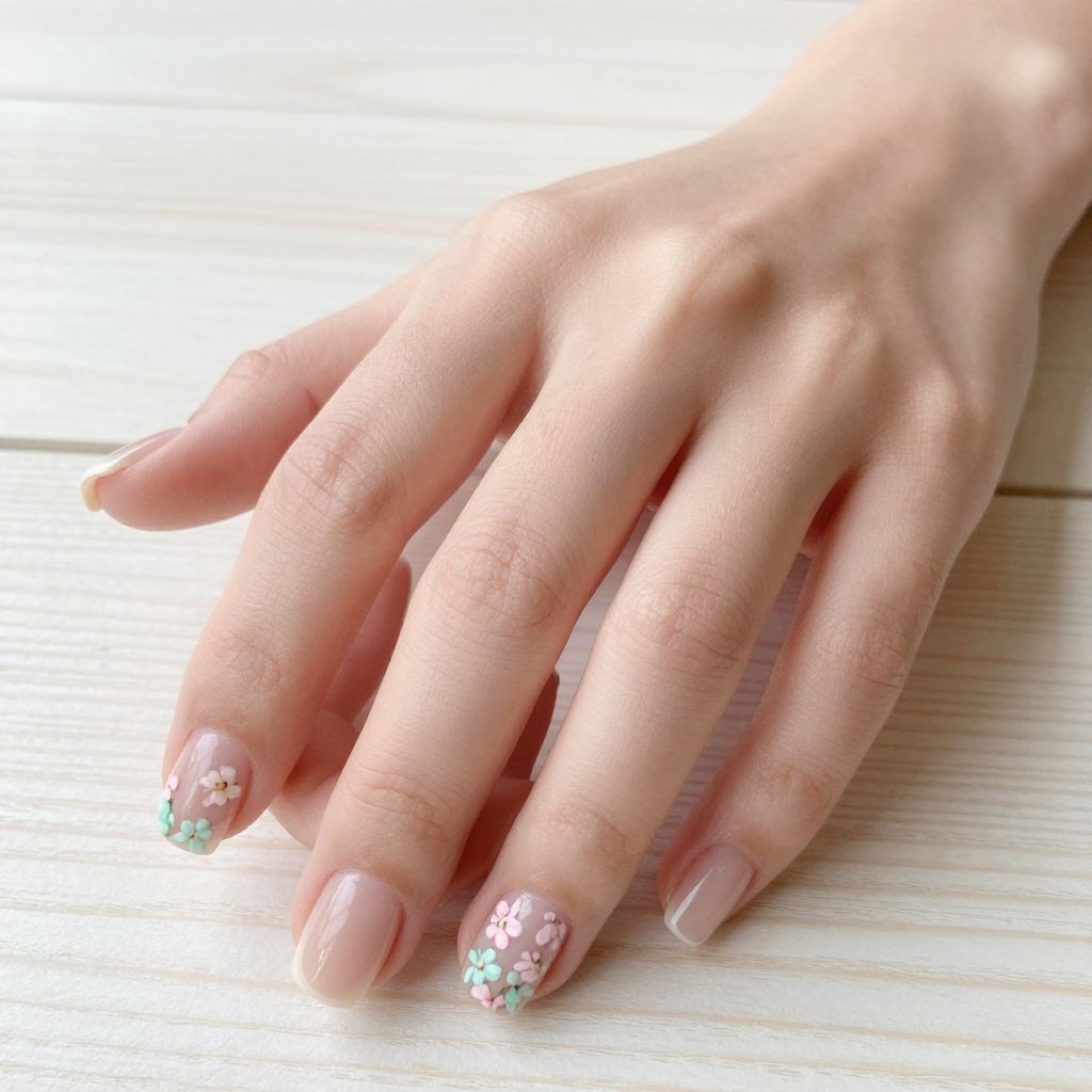 Short nails nude base with delicate floral accents