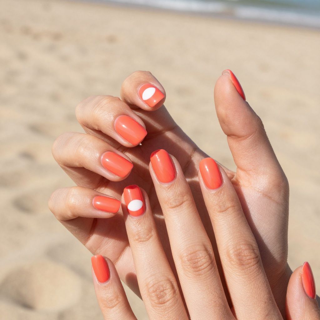 Short nails bright coral with white half moon design