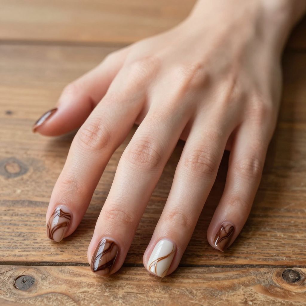 Short nails cream with chocolate brown marble effect