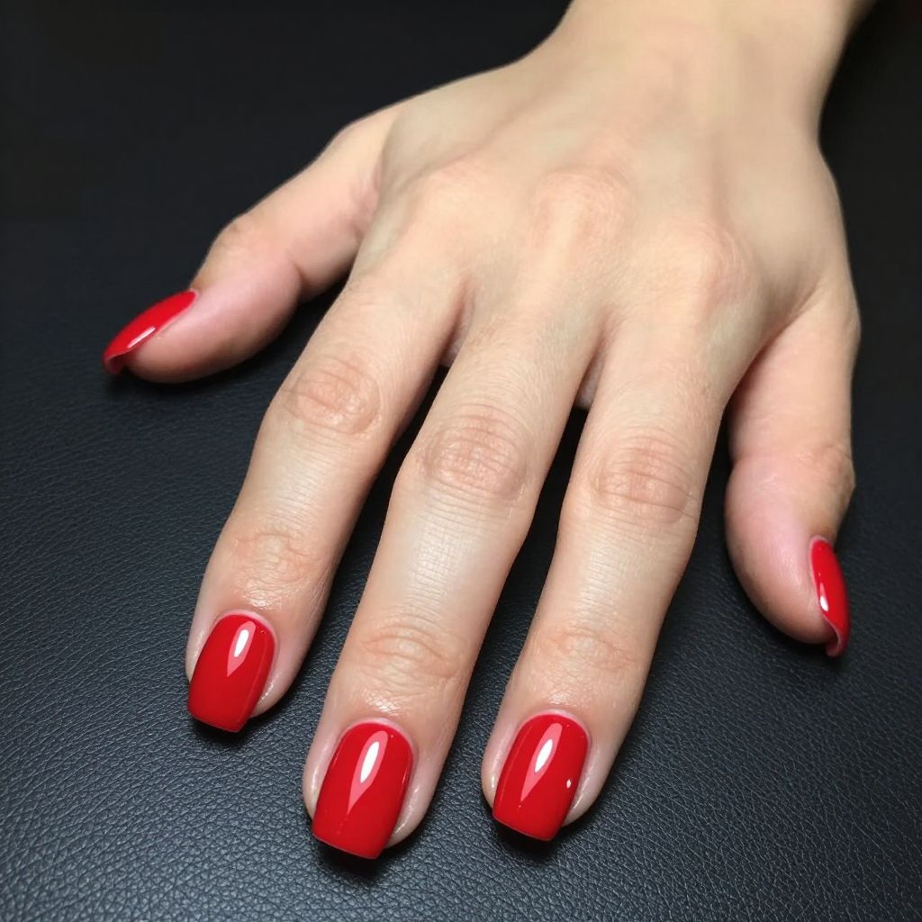 Short nails glossy red with negative space design
