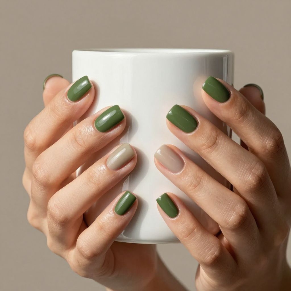 Glossy olive block short nails