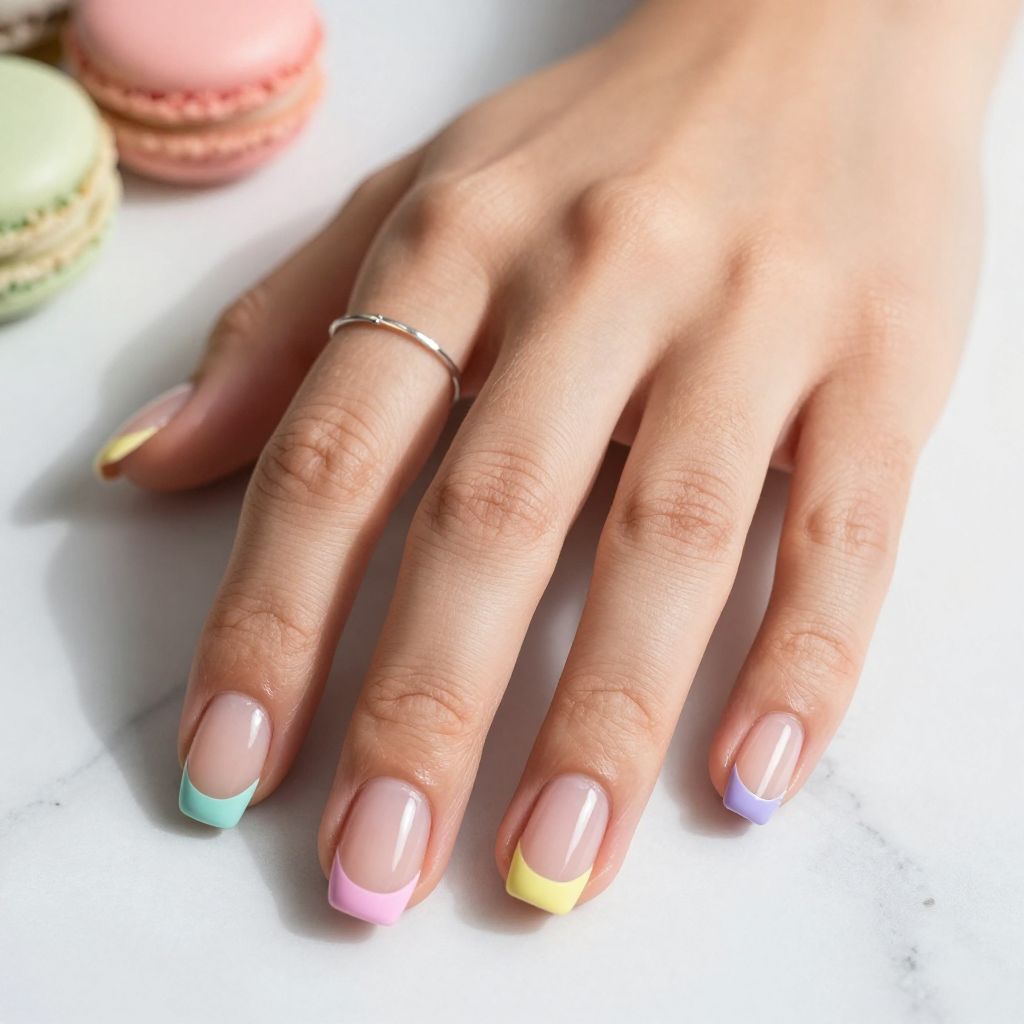 Pastel French tip nails with soft mint and pink edges