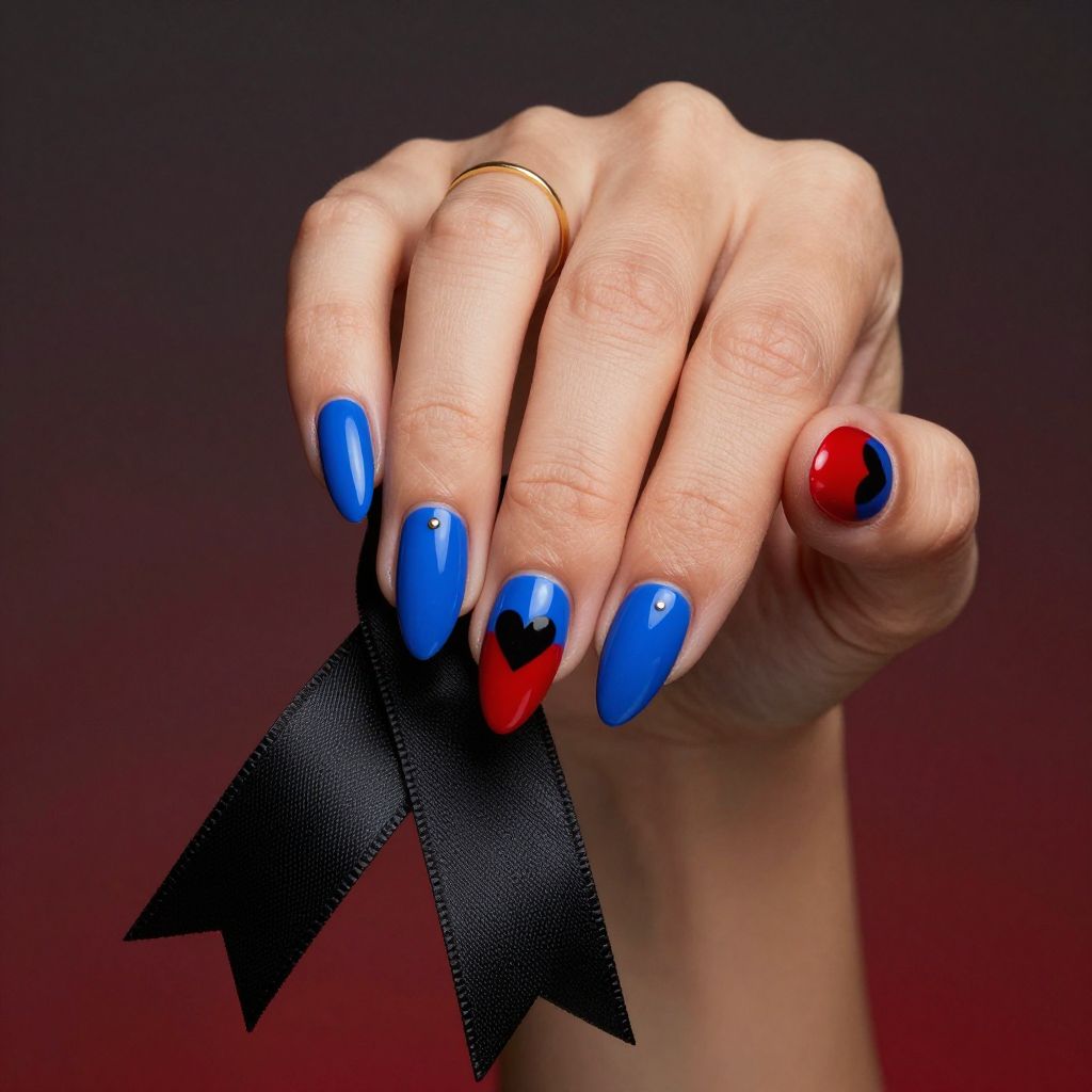 Red stiletto nails with tiny black hearts