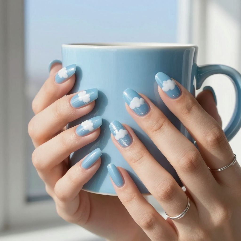 Sky blue nails with fluffy white cloud art